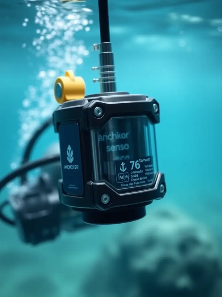 A detailed close-up shot of the Anchor Penguin underwater sensor unit, highlighting its rugged construction and key features. The sensor should appear to be in a clear, controlled environment to showcase its design.