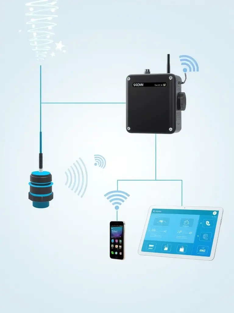 An illustration depicting the wireless communication between the underwater sensor, the onboard processing unit, and the display interface, emphasizing the system's reliable connectivity.