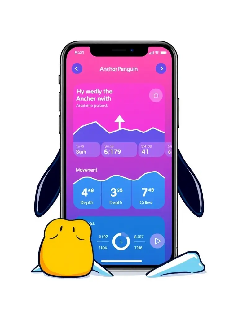 A screenshot of the Anchor Penguin mobile app or dedicated display unit, showcasing the intuitive interface and real-time data visualization. The display should show key metrics like anchor position, depth, and movement.